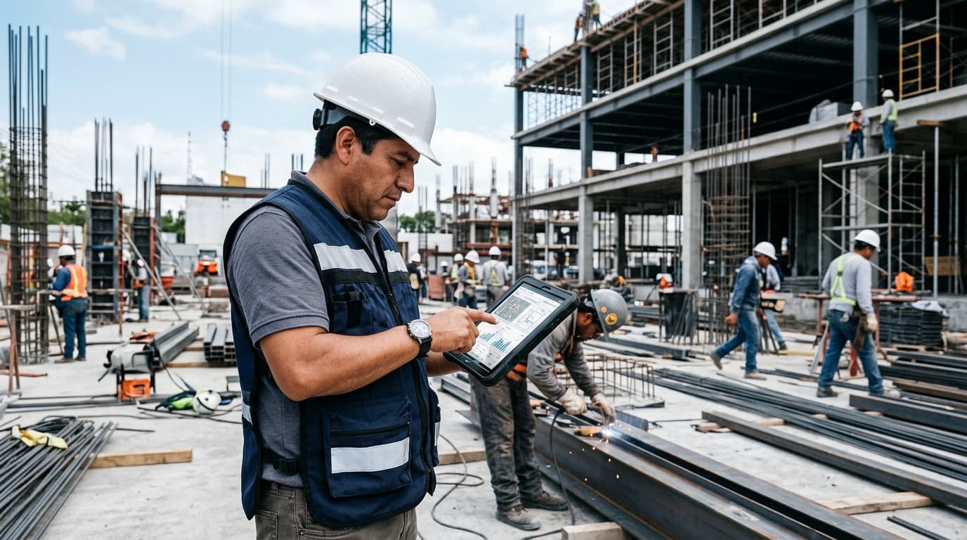 Supervisor de obra registrando evidencia y asistencia de cuadrillas en campo