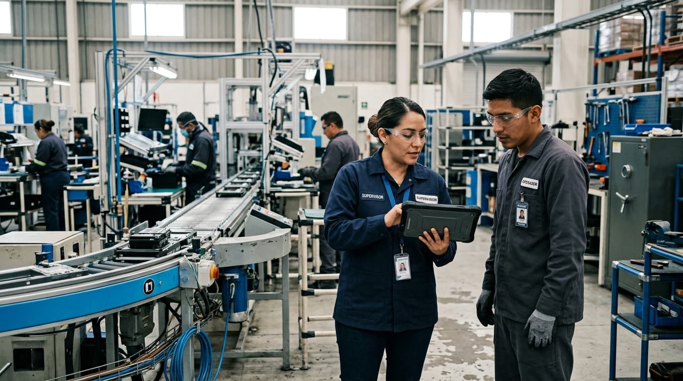 Supervisor industrial revisando asistencia e incidencias en una planta