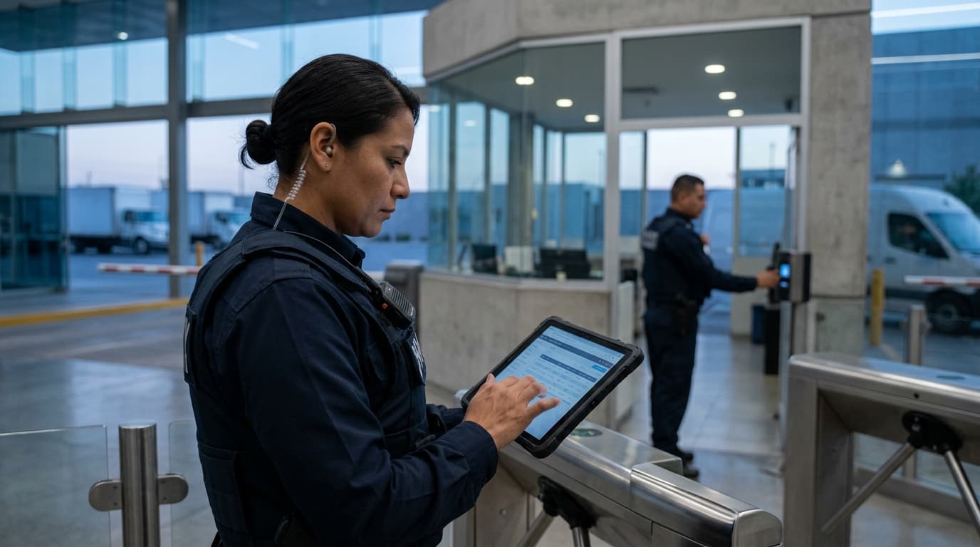Supervisora de seguridad revisando evidencia y asistencia en una ubicación operativa